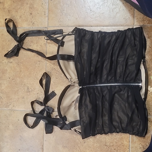 Vintage Bebe y2k bustier ruched mesh top blouse shirt bow tie straps black 8 - Picture 3 of 3